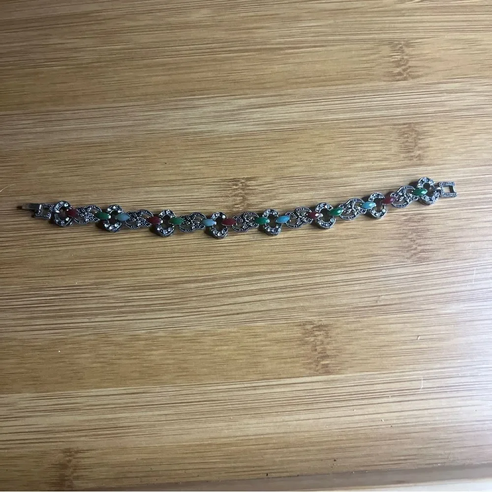 925 Silver Vintage Turquoise, Mother of Pearl, Onyx & Carnelian Bracelet